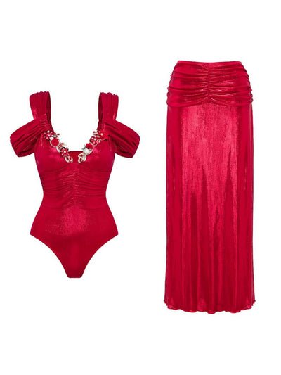 Deep V Neck Luminous Fabric Swimsuit & Skirt Coord Set