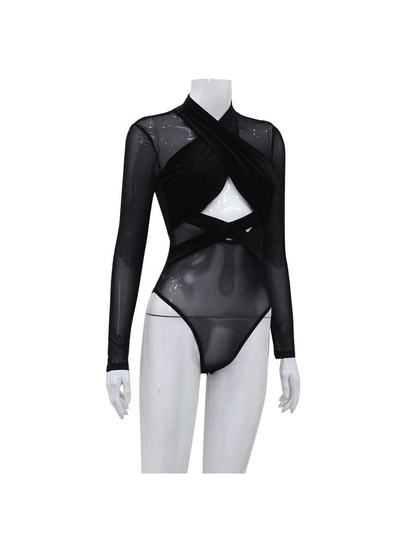 Mesh Velvet Cross Hollow Out Cutout out Bodysuit