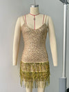 Deep V Plunge Tassel Gold Sequin Slip Dress