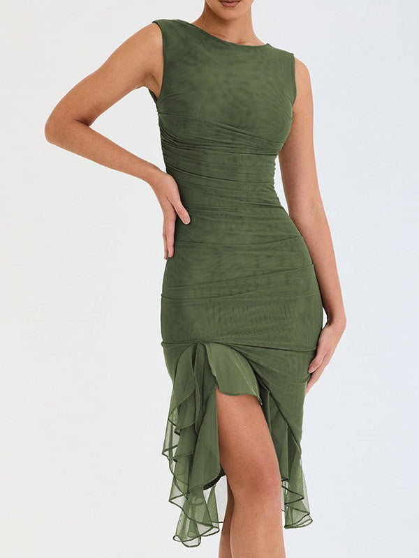 Round Neck Sleeveless Backless Pleated Mesh Midi Dress