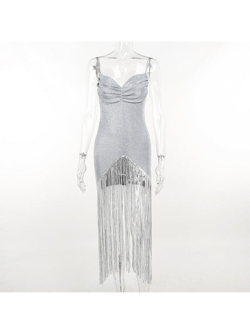 Glitter Tassel Hem V neck Brace Dress