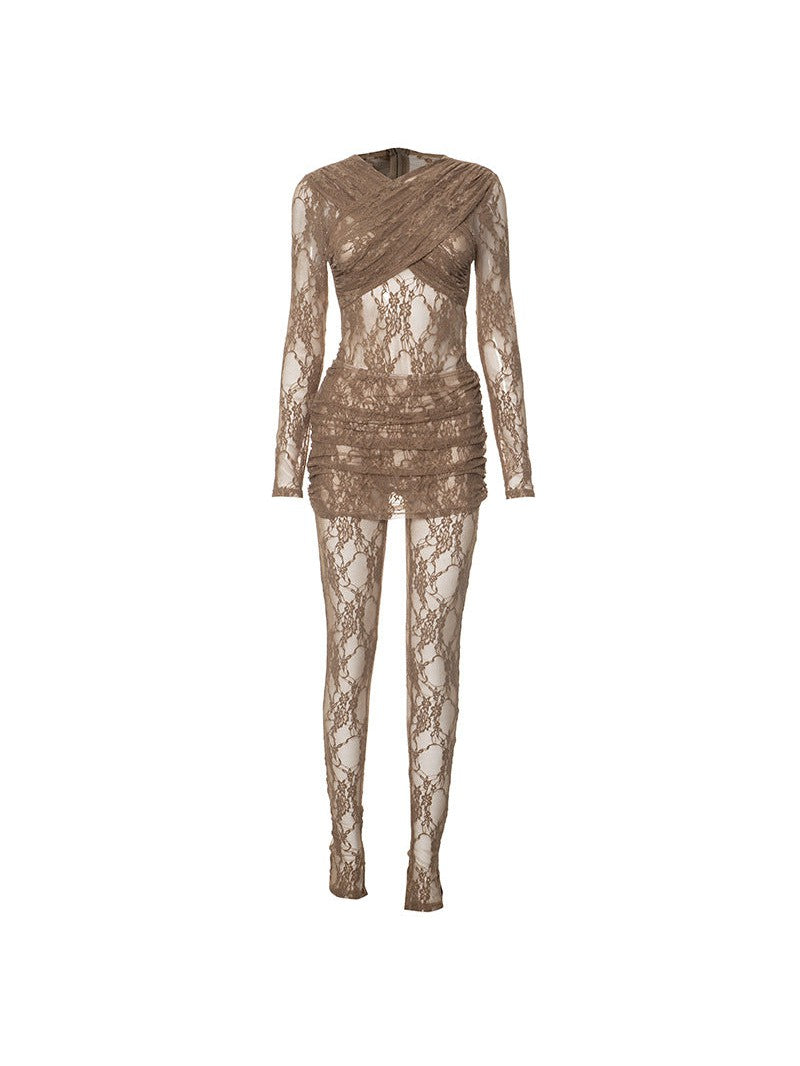 Crew Neck Patchwork Lace See Jumpsuit