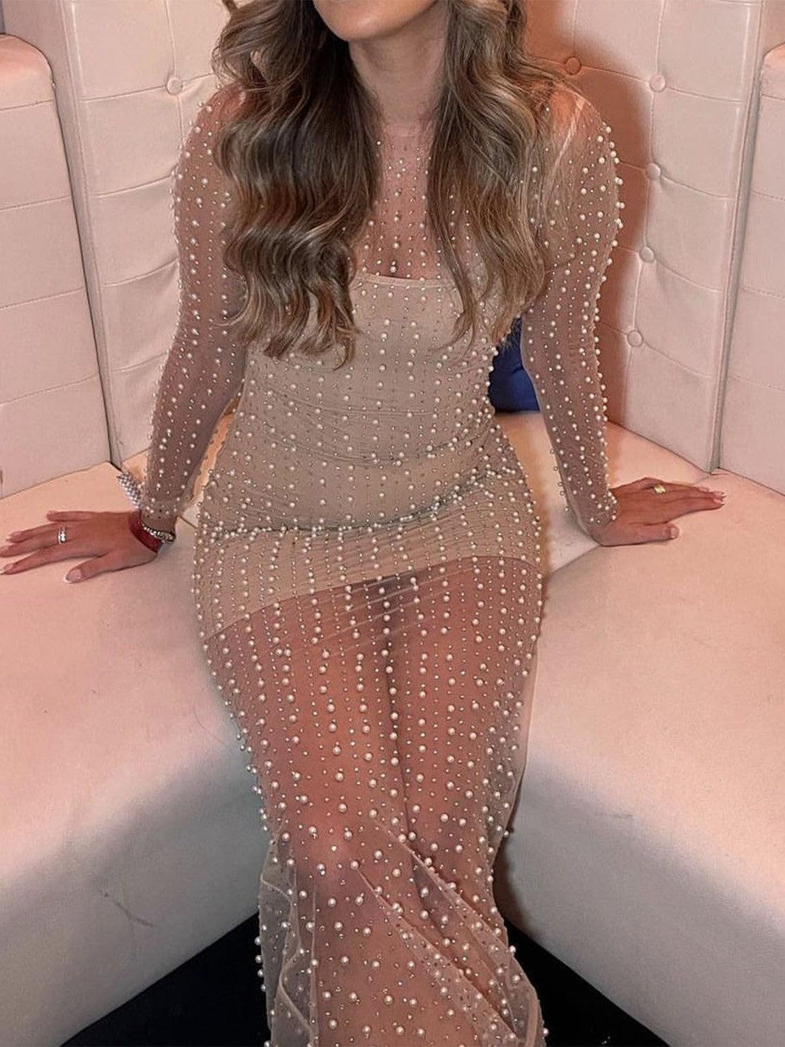 Beaded Mesh See Through Maxi Dress