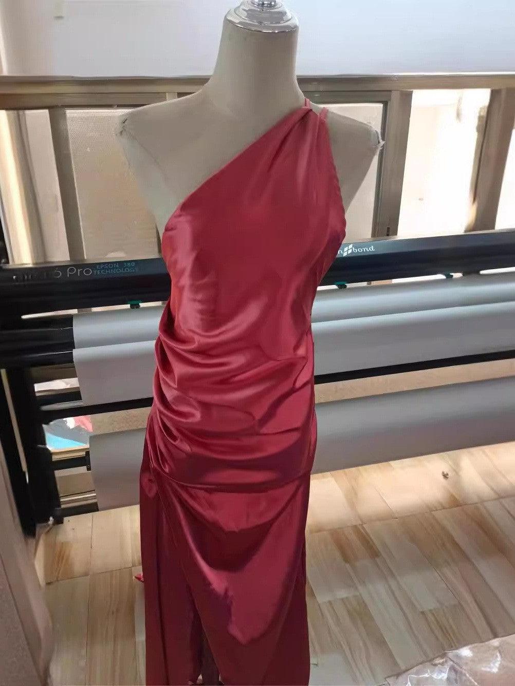 One Shoulder Pleated Split Satin Dress