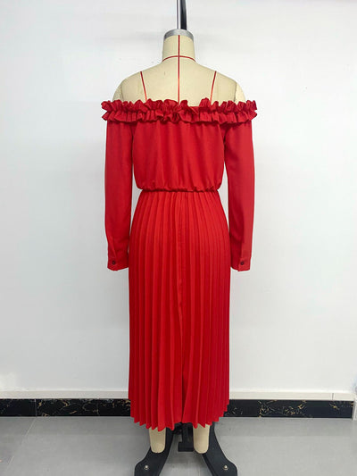 Off Shoulder Long Sleeve Pleated Dress