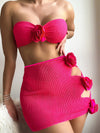 3D Rose Applique Cutout Split 3 Piece Bikini Swimsuit Set