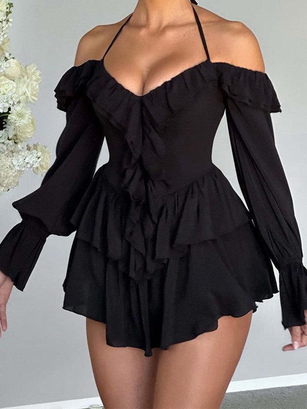 Halterneck Low Cut Ruffled Long Sleeve Romper