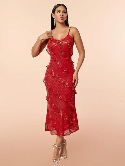 Red Ruffles Sequins Backless Maxi Dress