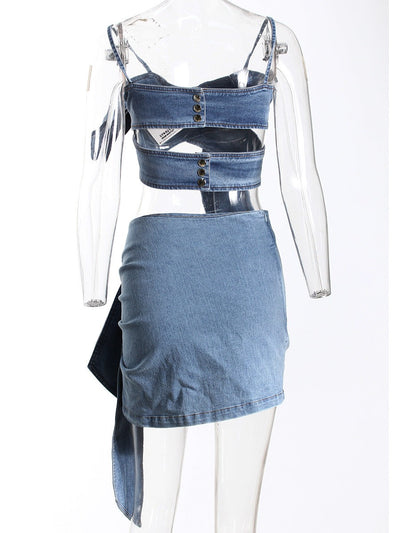 3D Bow Strap Tube Denim Top