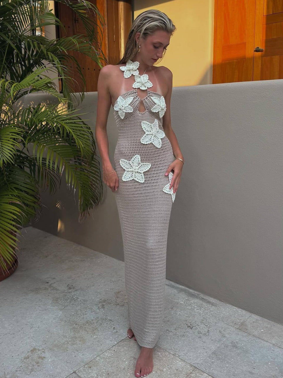 halter neck crochet dress Applique Halterneck Cutout Maxi Size:2-1 (1X-3X) global-end_use-Big Moments and beach totes to Petal and Pup Women's