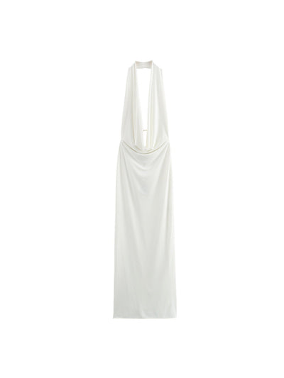 Backless Deep Neck Pleated Maxi Dress