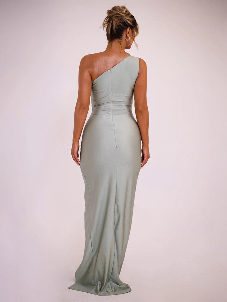 One Shoulder Sleeveless High Slit Buckle Maxi Dress