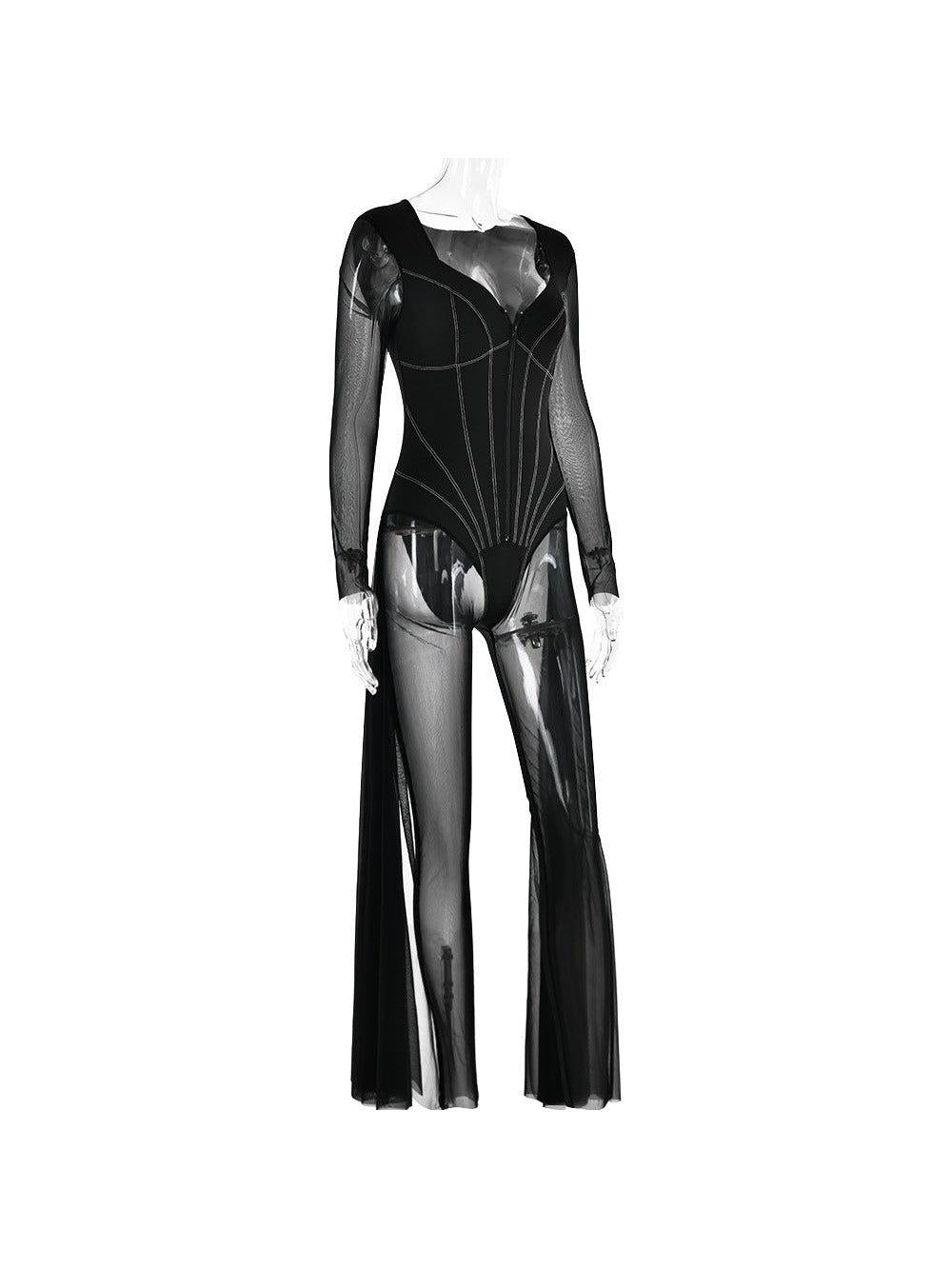 Mariam Full Sleeve Mesh See Through V Neck Jumpsuit