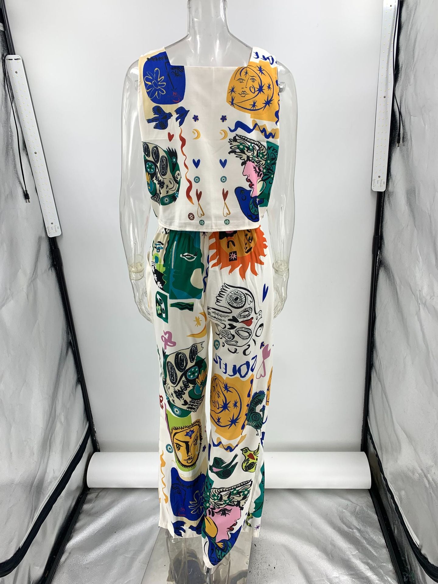 Abstract Print Wide Leg Pants & Vest Coord Set