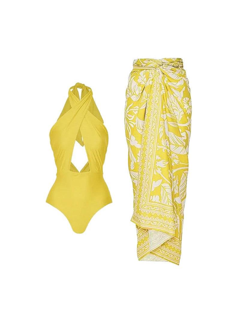 Halterneck Cutout Swimsuit & Skirt Coord Set