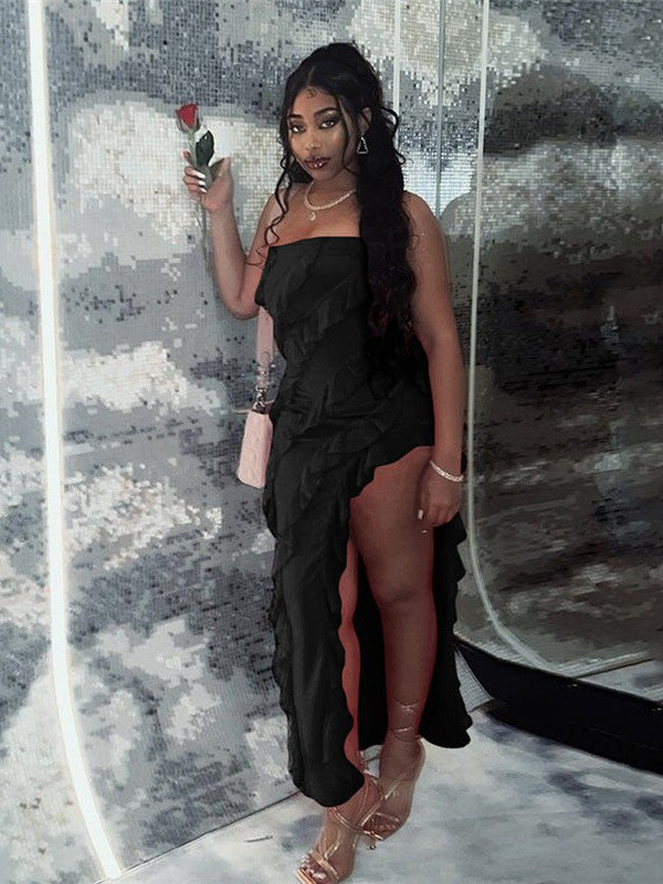 Tube Top Backless Slit Tassel Ruffle Dress