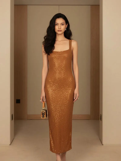 Bronze City Lights Sequin Midi Dress by Exclusives; sleeveless, bronze sequin fabric, midi length.