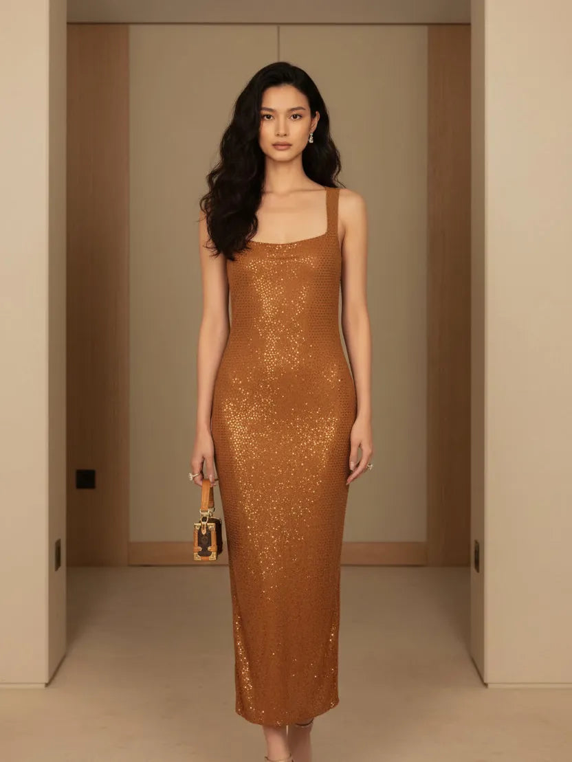 Bronze City Lights Sequin Midi Dress by Exclusives; sleeveless, bronze sequin fabric, midi length.