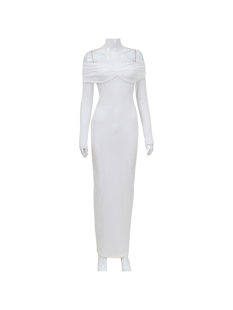 White off-shoulder long-sleeve maxi dress with twisted bust knot and fitted silhouette.