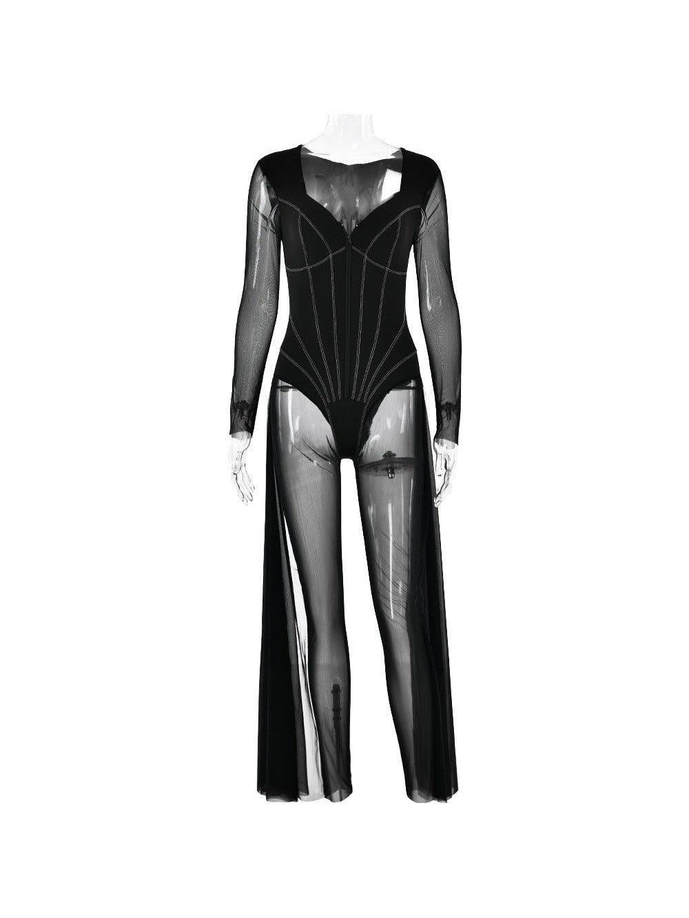 Mariam Full Sleeve Mesh See Through V Neck Jumpsuit