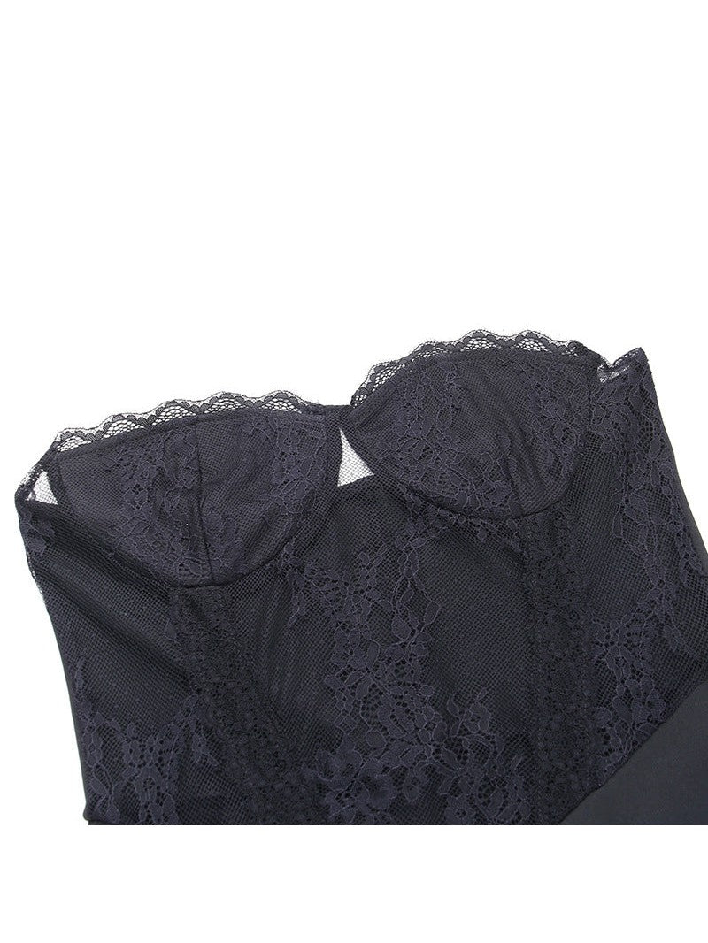 Black Lace Tube Top Stitching Dress