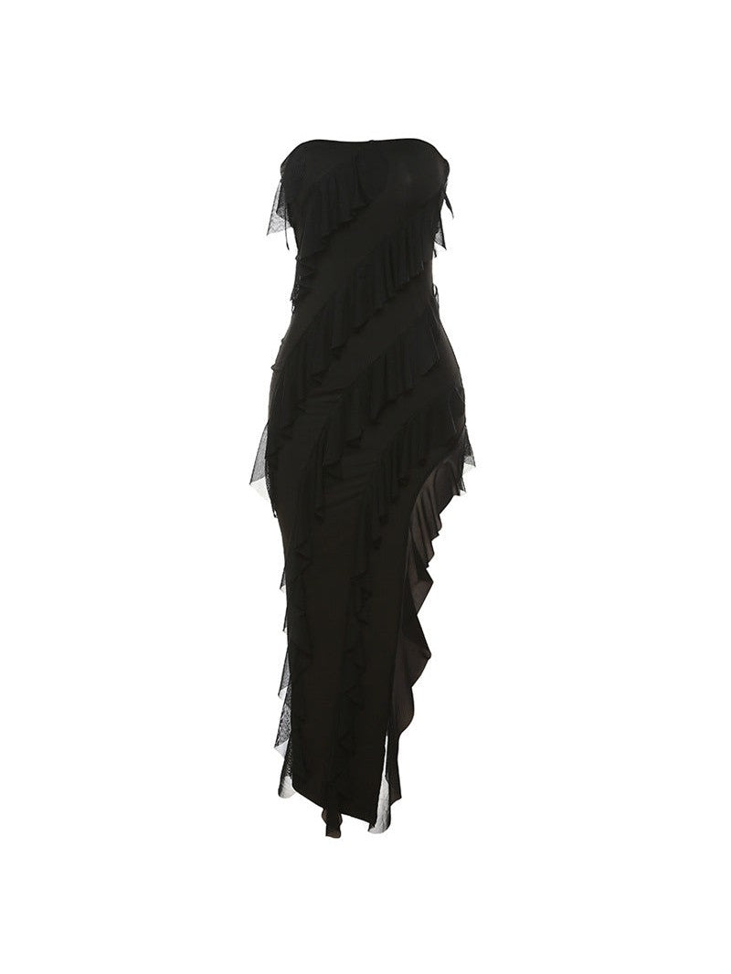 Tube Top Backless Slit Tassel Ruffle Dress
