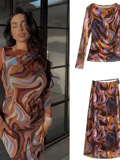 Mesh Abstract Print Full Sleeves Top & Skirt Coord Set