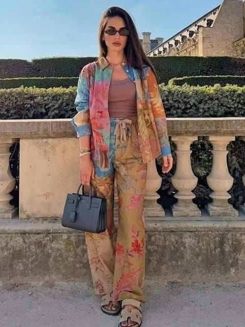 Abstract Print Shirt & Wide Leg Pants Coord Set