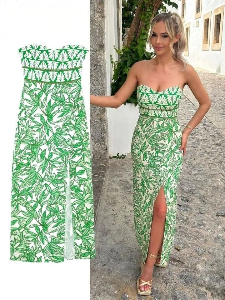 Linen Printed Tube Dress with Slit