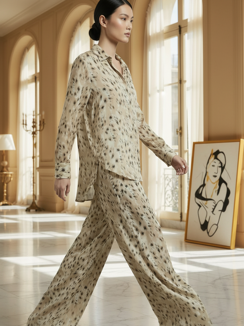 Abstract print relaxed shirt and wide-leg trouser set in beige animal print.