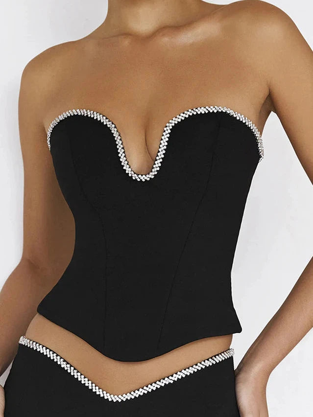 Diamond Beading Crop Top & Low Waist Pencil Pants Coord Set