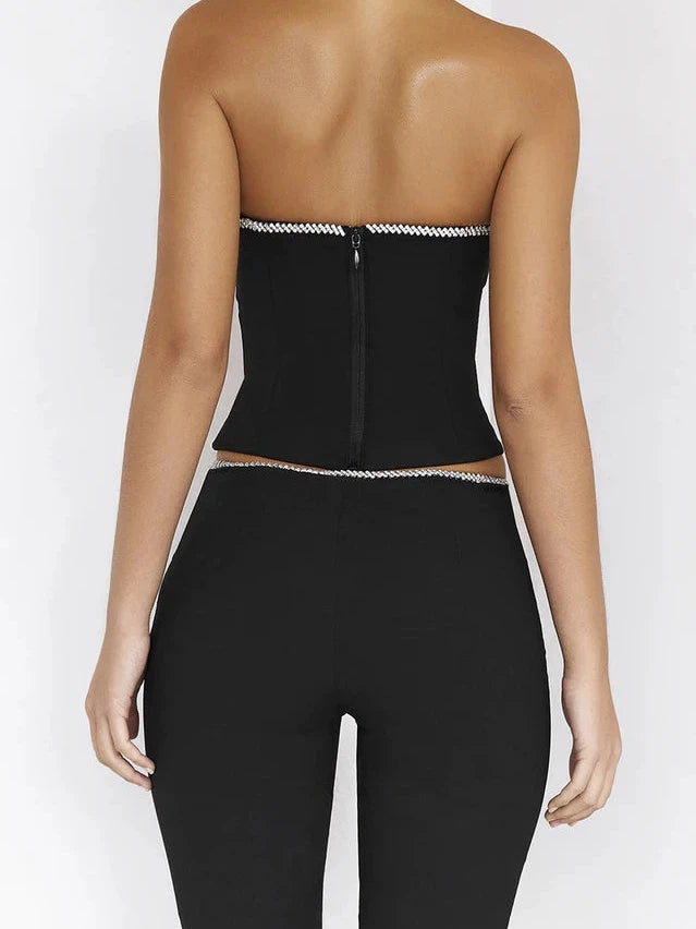 Diamond Beading Crop Top & Low Waist Pencil Pants Coord Set