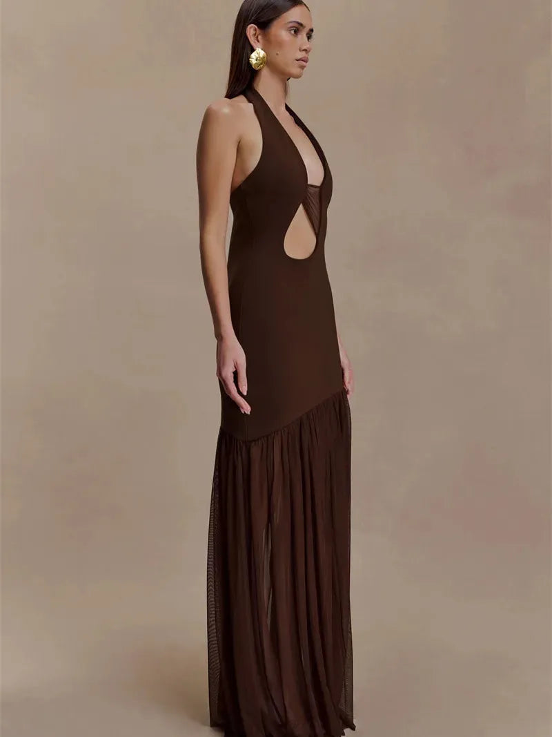 Halter Cut-Out Crepe & Mesh Maxi Dress by Exclusives, brown, floor-length with sheer mesh bottom