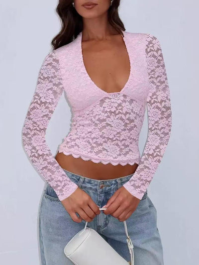 Moonlight Sheer Lace Plunge Top, pink floral lace long-sleeve cropped blouse by Exclusives