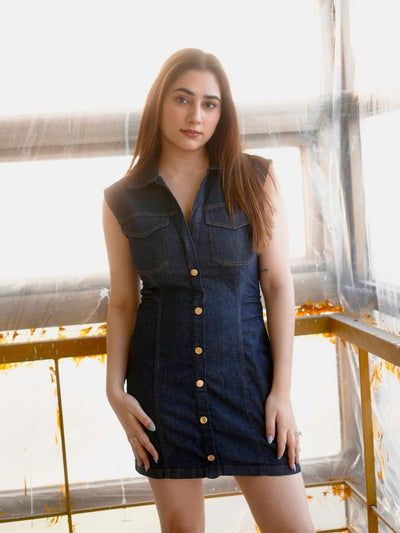 Midnight sleeveless denim mini dress by Exclusives with front buttons, dresses on sale