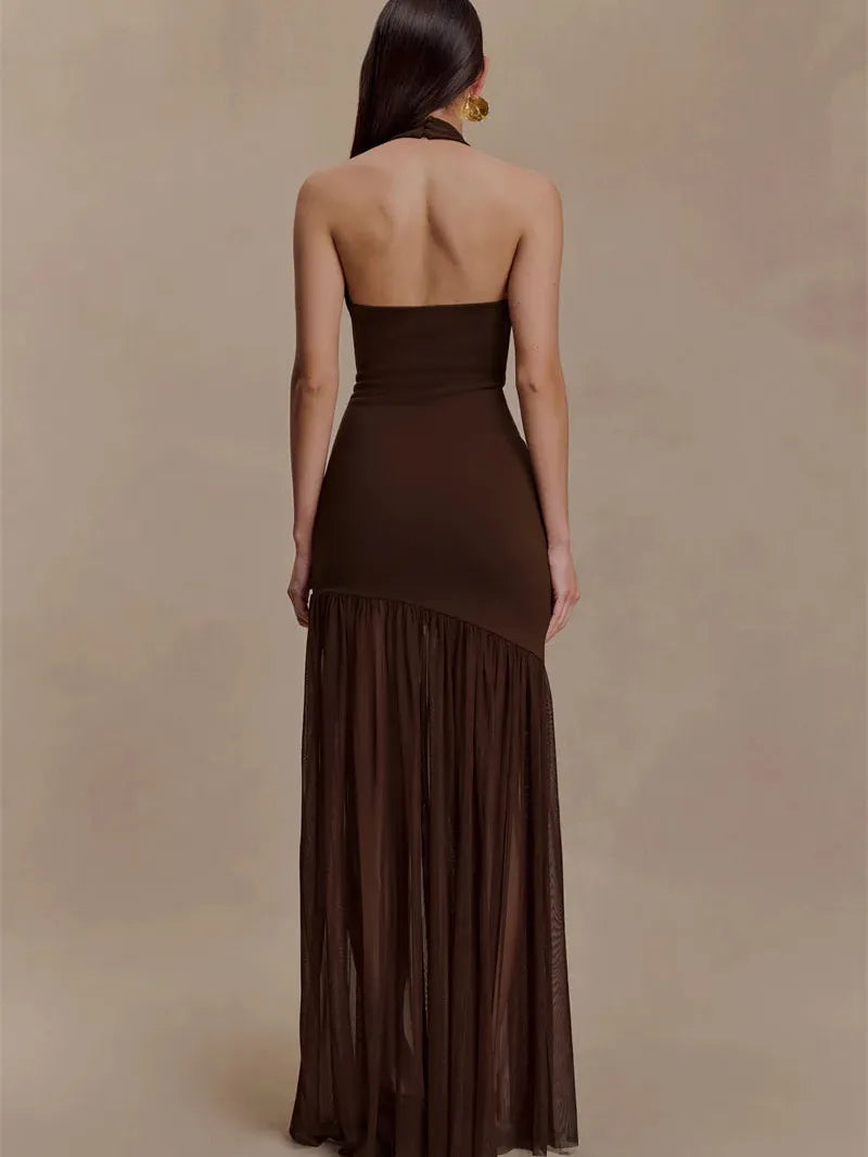 Halter Cut-Out Crepe & Mesh Maxi Dress in brown by Exclusives, back view