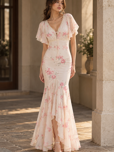 Juliette Floral Maxi Dress by EXCLUSIVES; ivory with pink florals, V-neck tie, flutter sleeves, on sale