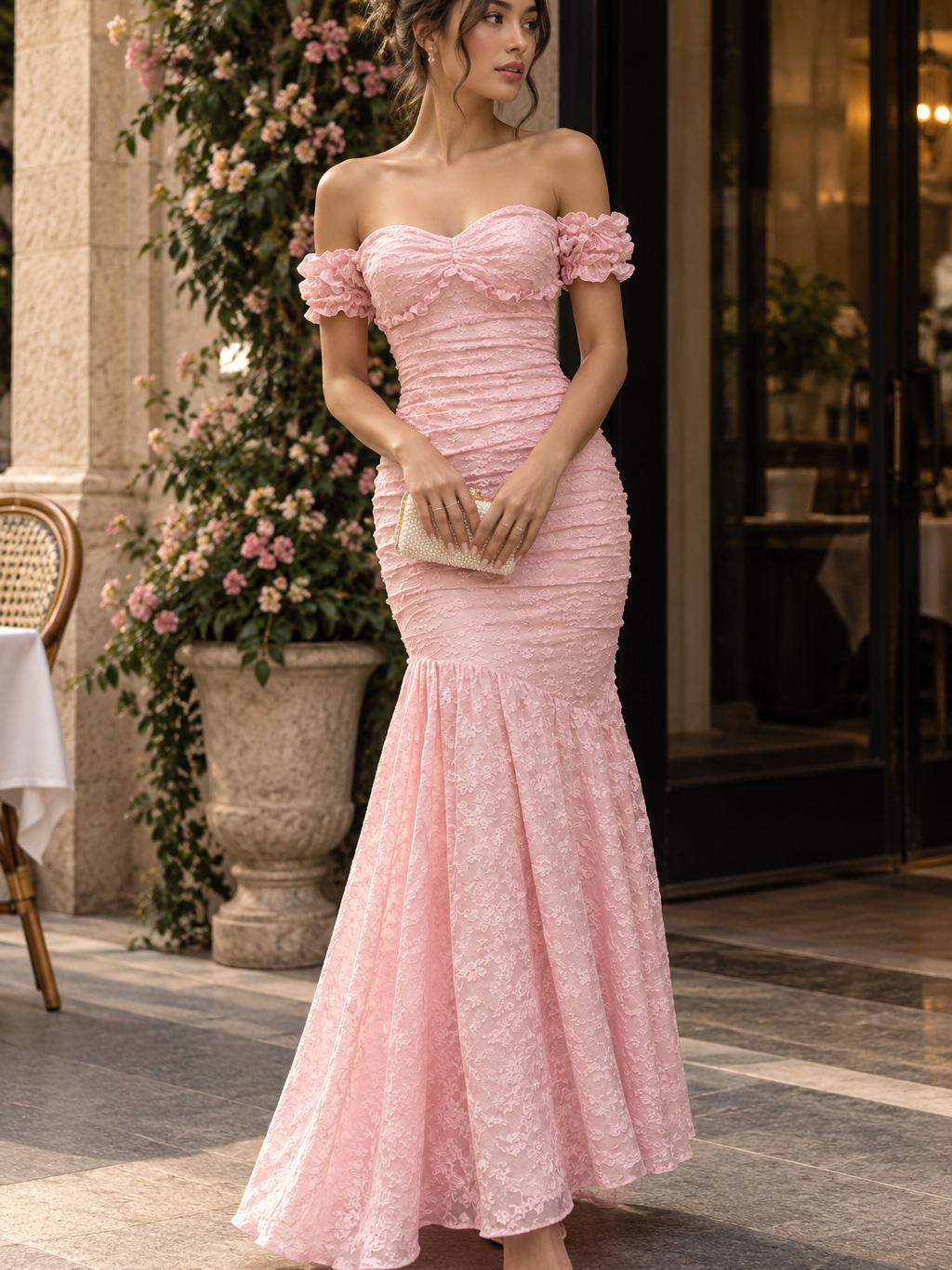 Rosabelle off-shoulder lace mermaid maxi dress in pink with ruffled sleeves.