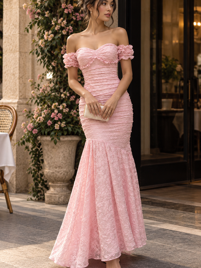 Rosabelle off-shoulder lace mermaid maxi dress in pink with ruffled sleeves.