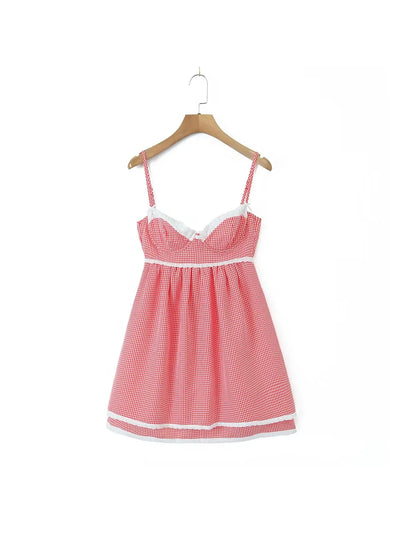 Gingham Print Short Dress With Adjustable Straps