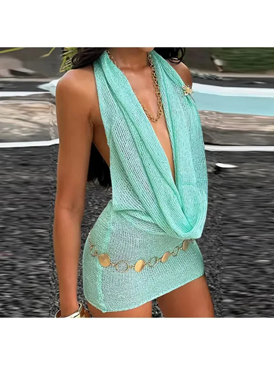 Shimmer Glam Mesh Plunge Halter Dress by Exclusives, turquoise shimmering mesh, dresses on sale