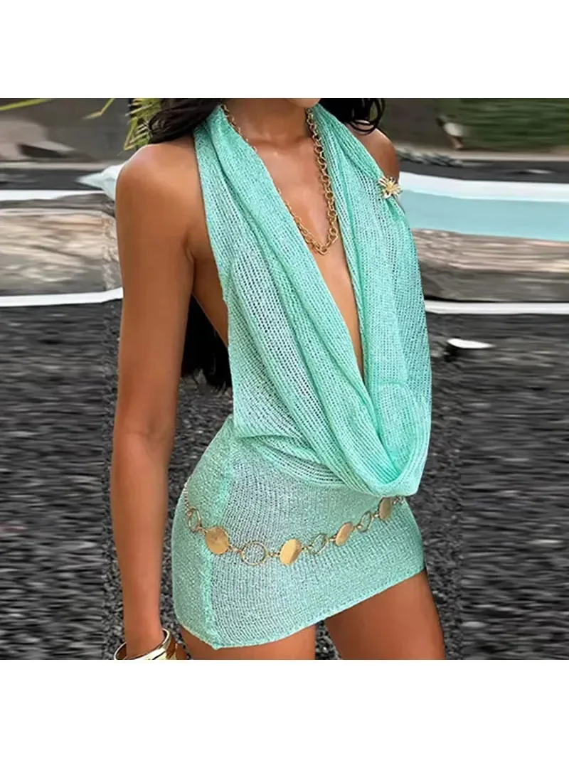 Shimmer Glam Mesh Plunge Halter Dress by Exclusives, turquoise shimmering mesh, dresses on sale