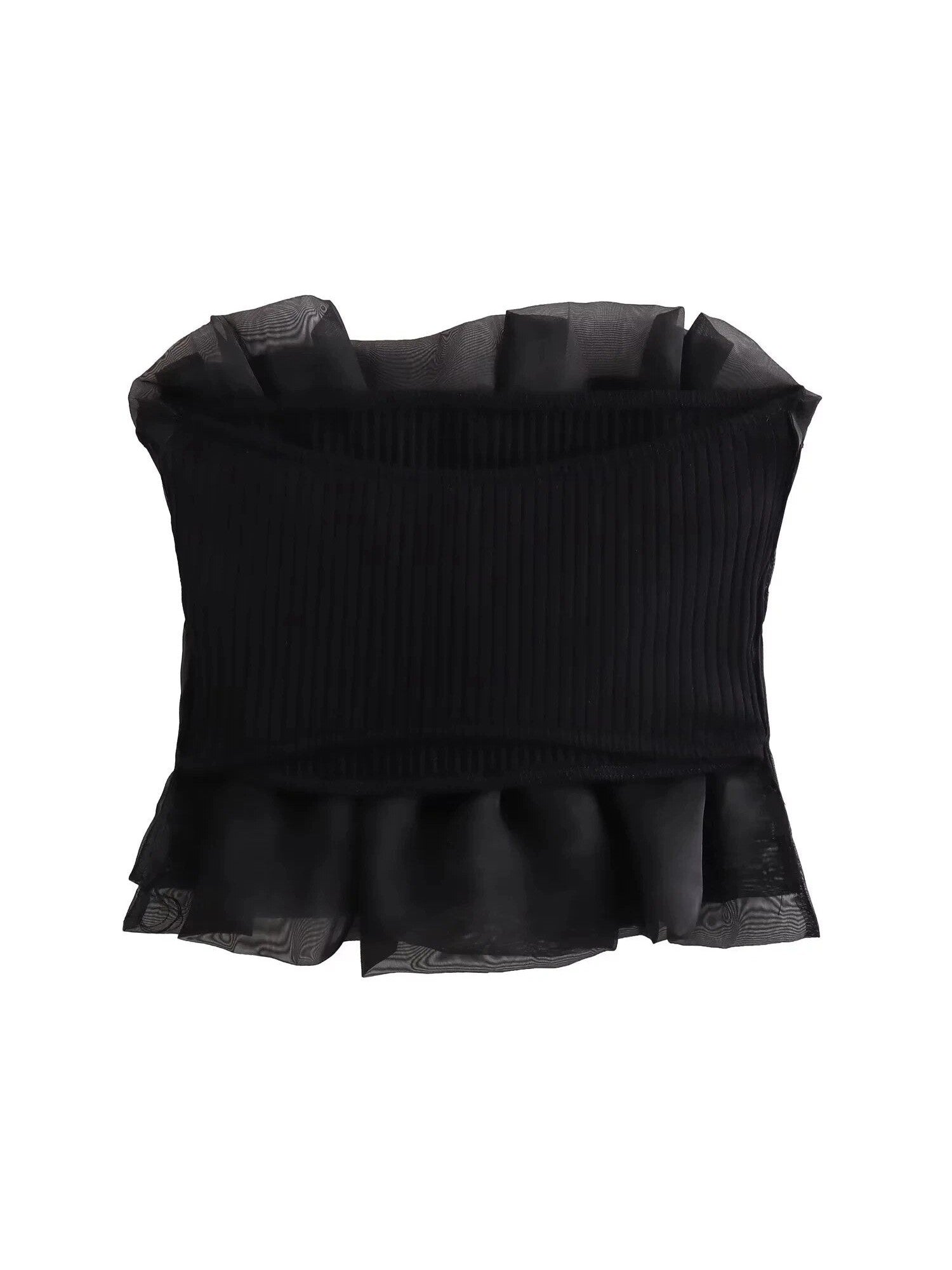 Black strapless bandeau top with ribbed fabric and sheer organza ruffle trim at top and bottom.