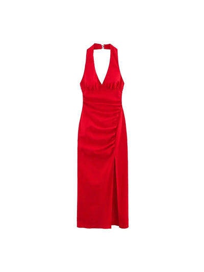 Halterneck Side Slit Red Midi Dress
