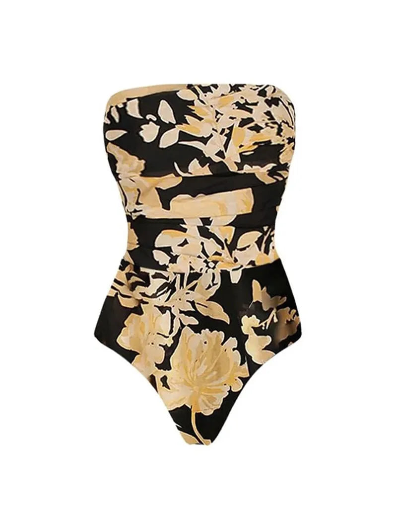 Floral Print Tube Swimsuit Bikini Set with Skirt