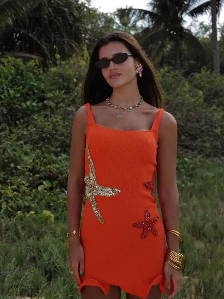 Starfish Short Ruffle Shimmery Dress by Exclusives in orange with sequin starfish appliques