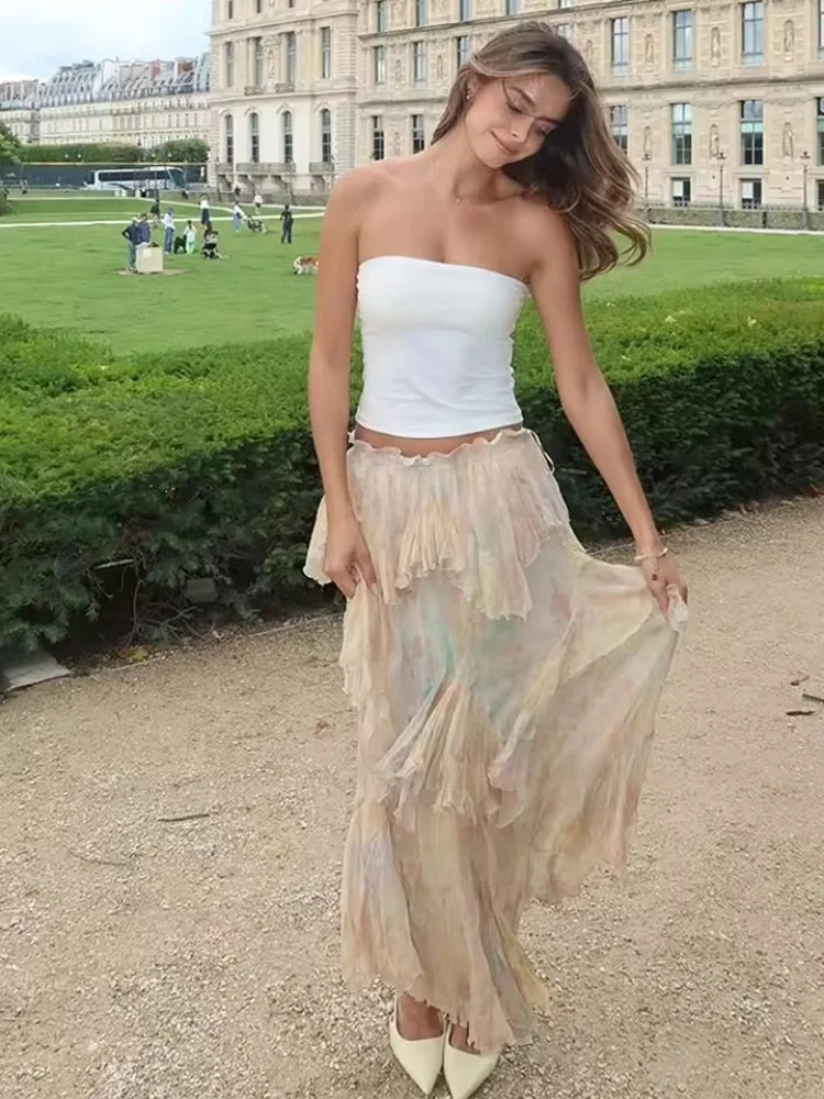 Sule Tie Dye Floral Ruffle Long Skirt