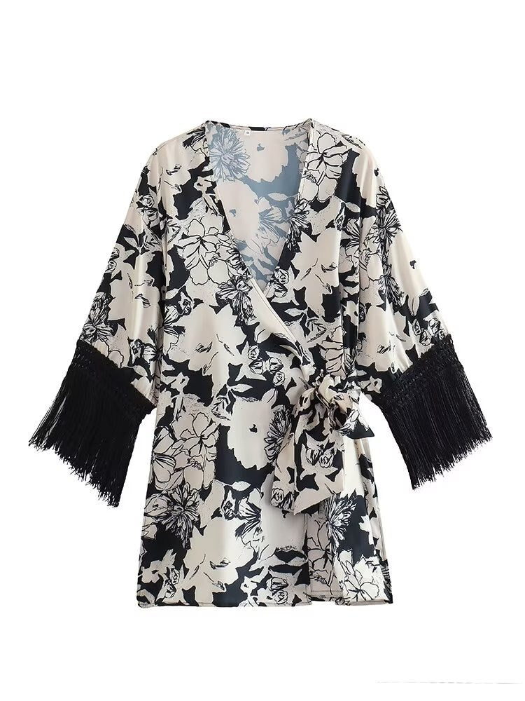 Tassel Sleeves Kimono Knotted Top & Wide Leg Pants Coord Set