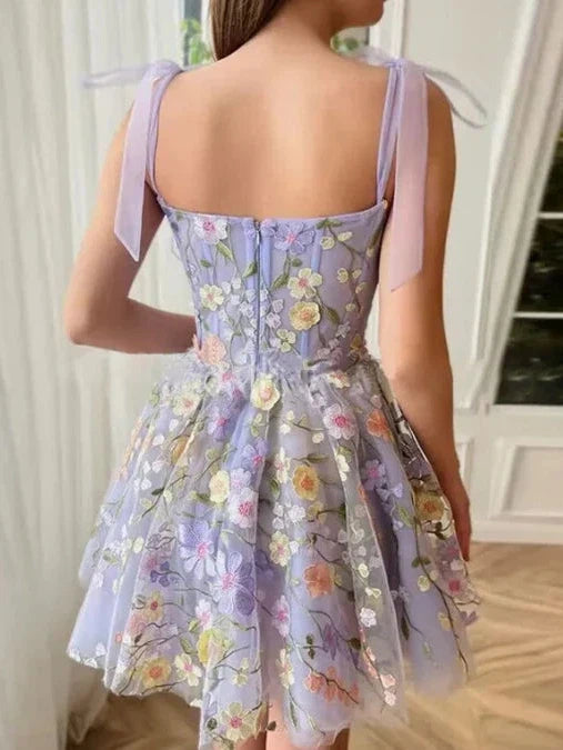 Tied Strap Flower Applique Fit Flare Short Dress