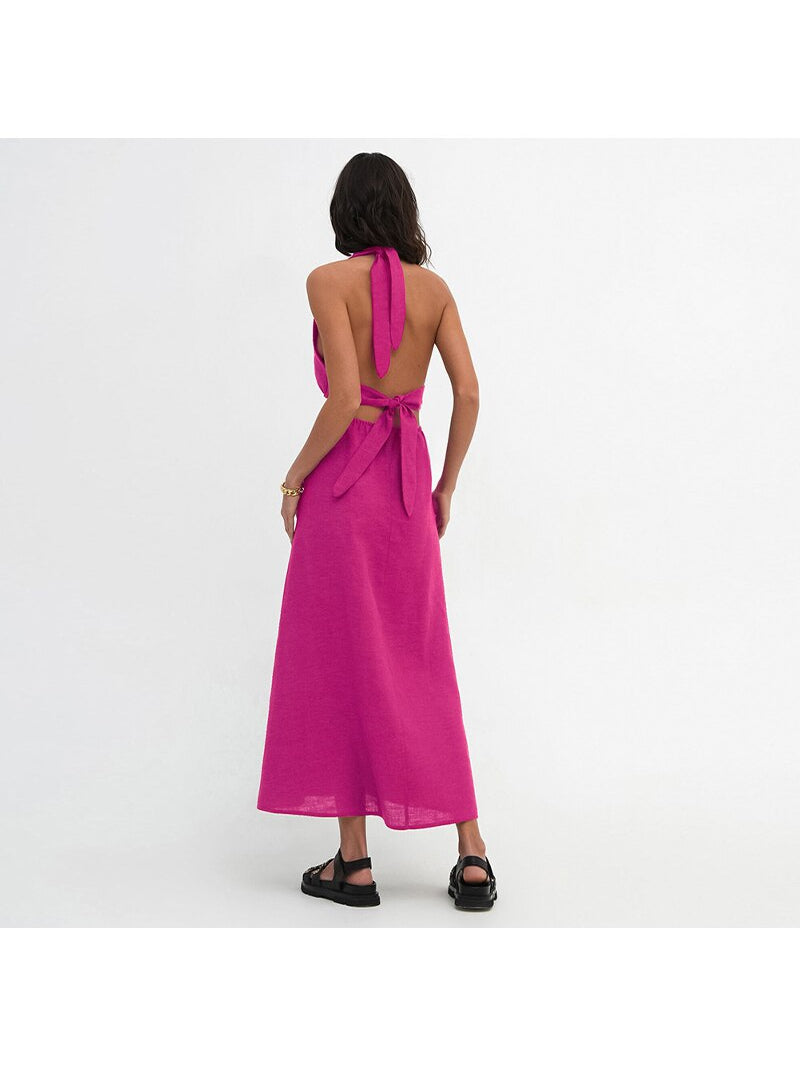 Pink Halterneck Cutout Backless Linen Dress